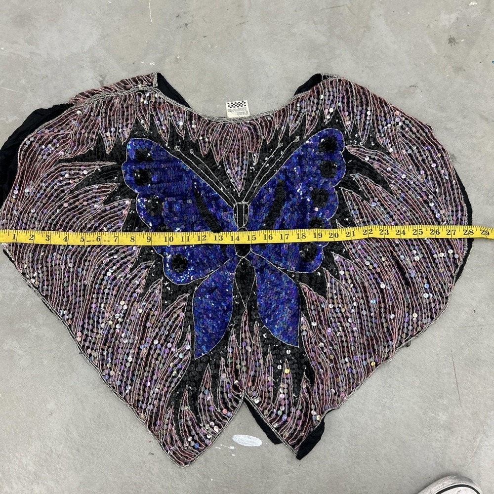 Vintage 1970s Retro Disco Boho Beaded‎ Sequin Butterfly Silk Top - Picture 6 of 9